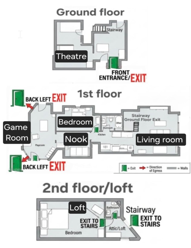 House floorplan showing ground floor, 1st floor, and 2nd floor / loft with exits